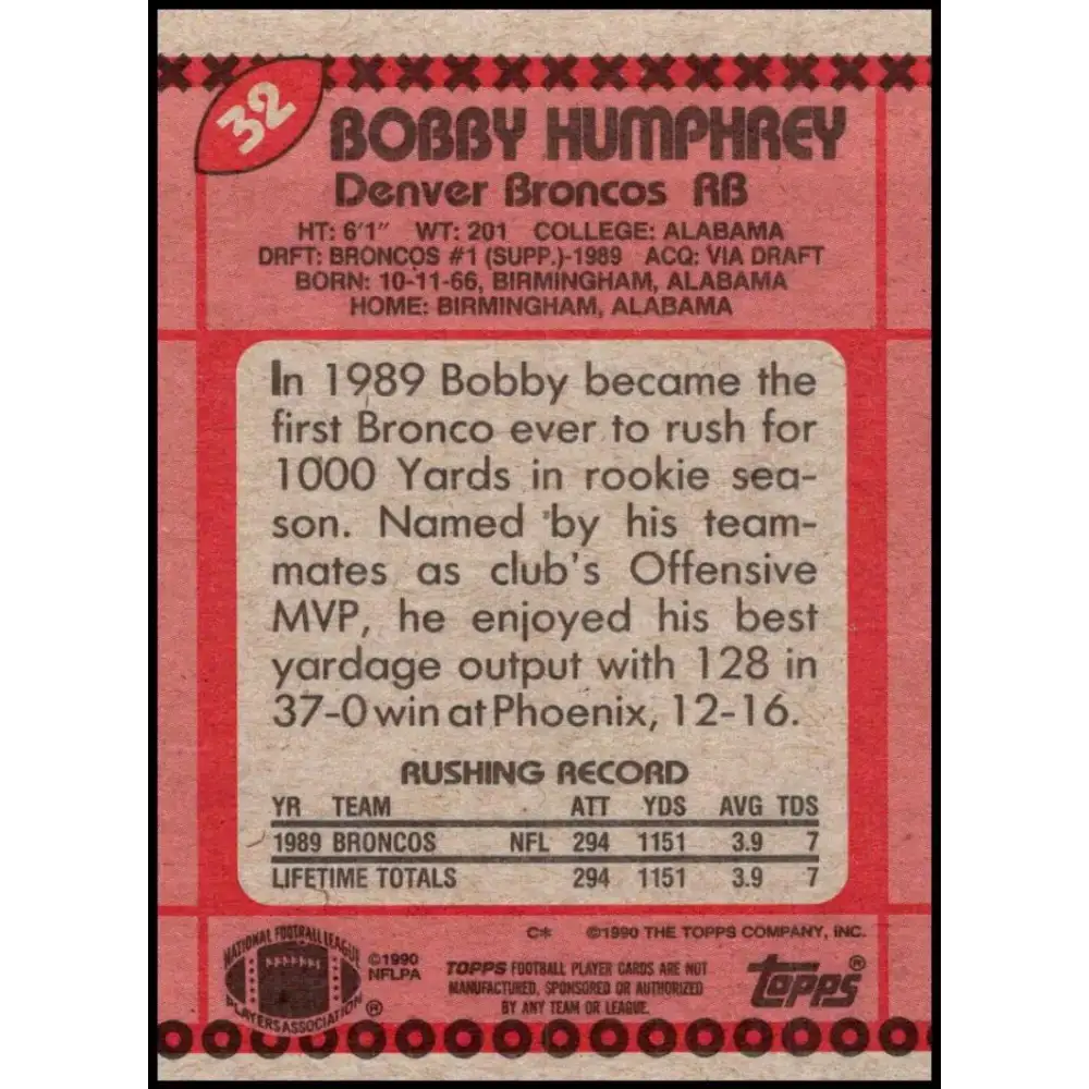1990 Topps #32 Bobby Humphrey EX Excellent RC Rookie Denver Broncos Football Card - Football Card Single