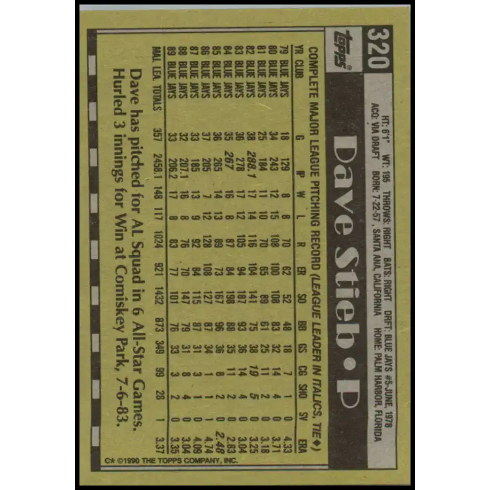 1990 Topps #320 Dave Stieb NM-MT Toronto Blue Jays Baseball Card - Baseball Card Single