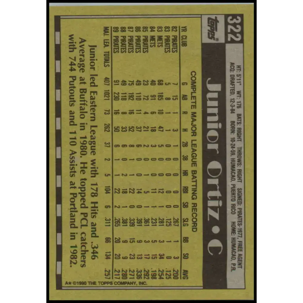 1990 Topps #322 Junior Ortiz NM-MT Pittsburgh Pirates Baseball Card - Baseball Card Single