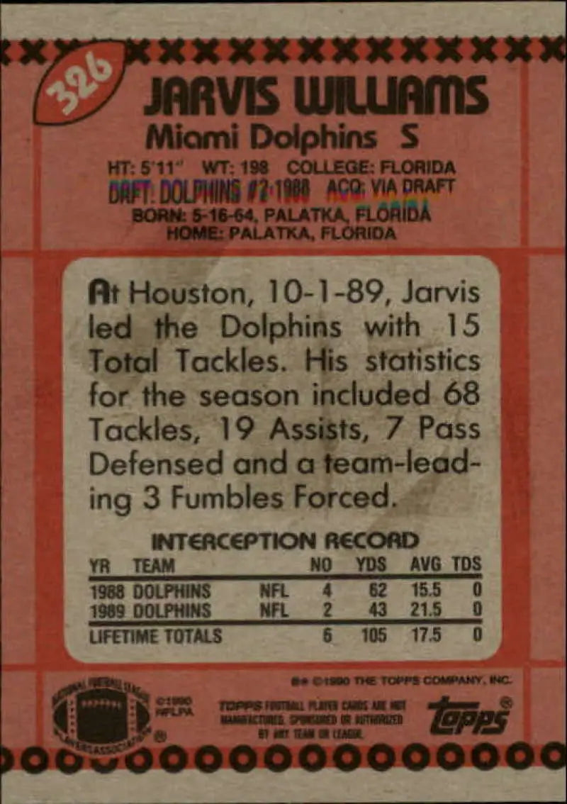 1990 Topps #326 Jarvis Williams EX Excellent Miami Dolphins Football Card - Football Card Single