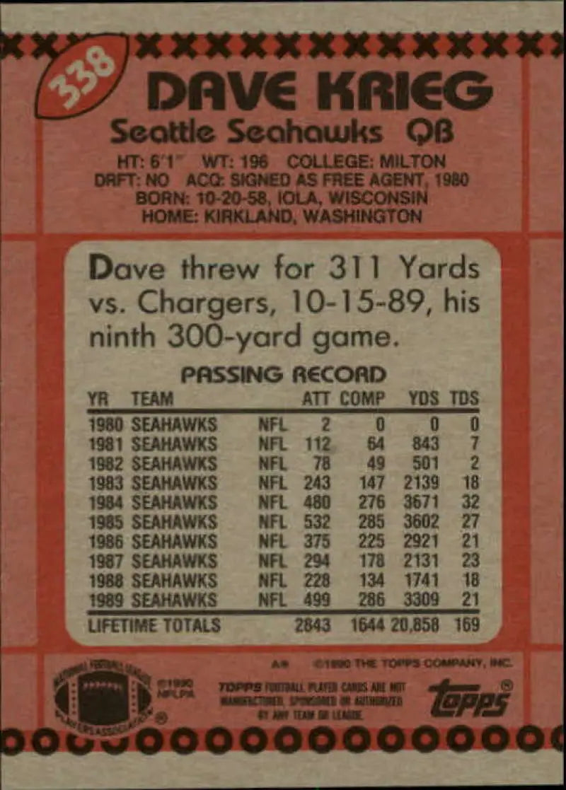 1990 Topps #338 Dave Krieg EX Excellent Seattle Seahawks Football Card - Football Card Single
