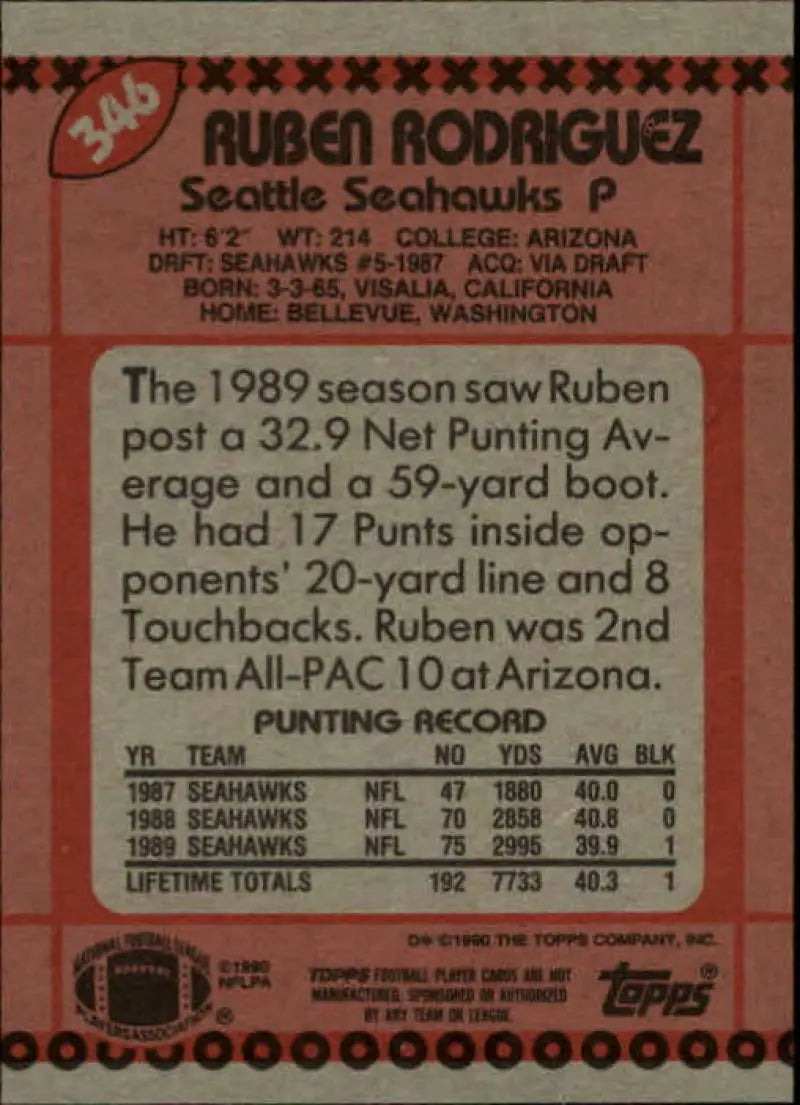 1990 Topps #346 Ruben Rodriguez EX Excellent Seattle Seahawks Football Card - Football Card Single