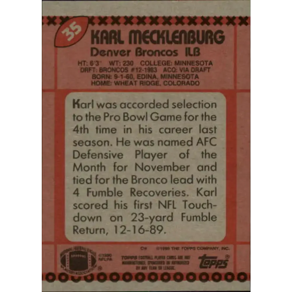 1990 Topps #35 Karl Mecklenburg EX Excellent Denver Broncos Football Card - Football Card Single