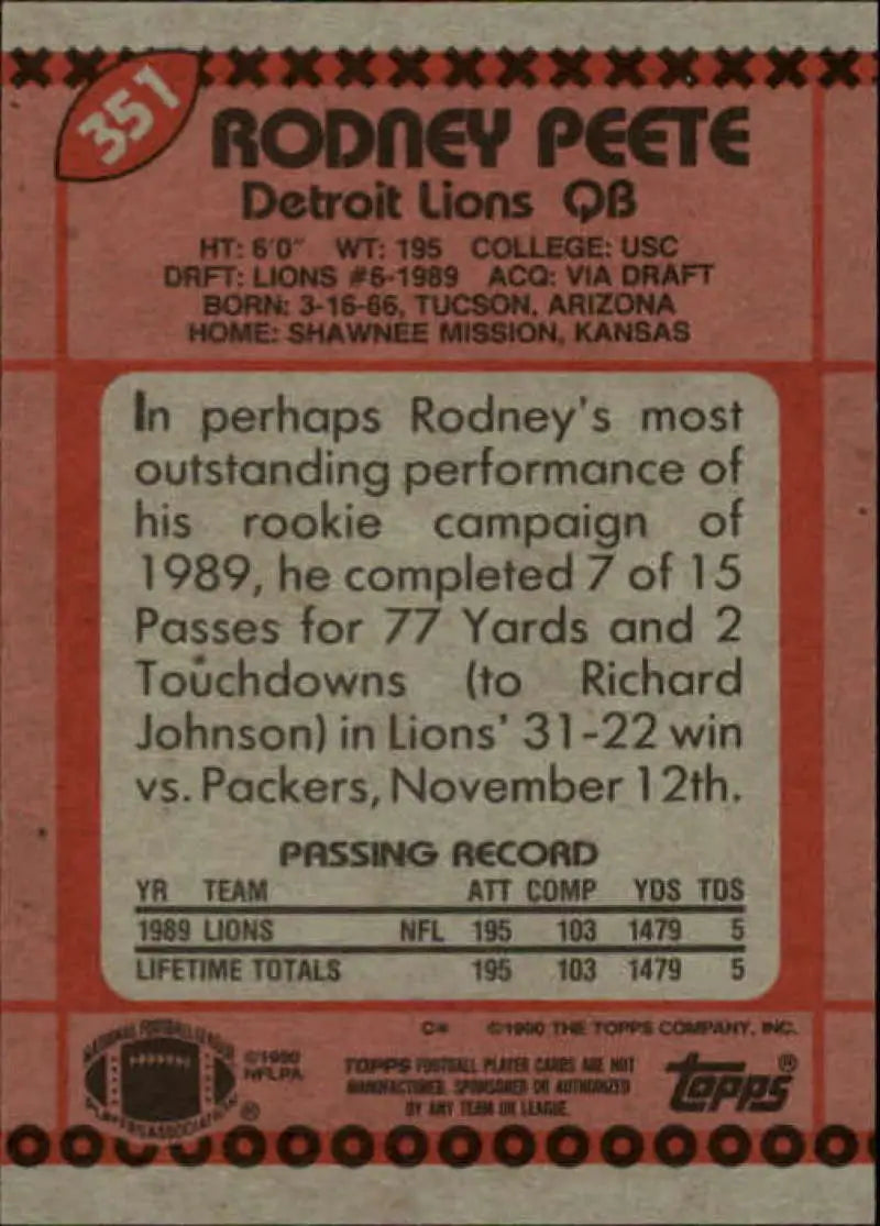 1990 Topps #351 Rodney Peete EX Excellent RC Rookie Detroit Lions Football Card - Football Card Single