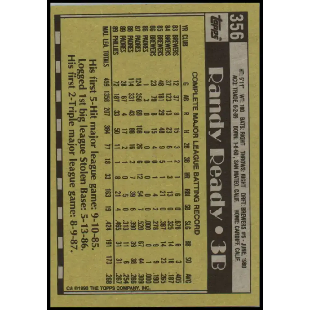1990 Topps #356 Randy Ready NM-MT Philadelphia Phillies Baseball Card - Baseball Card Single