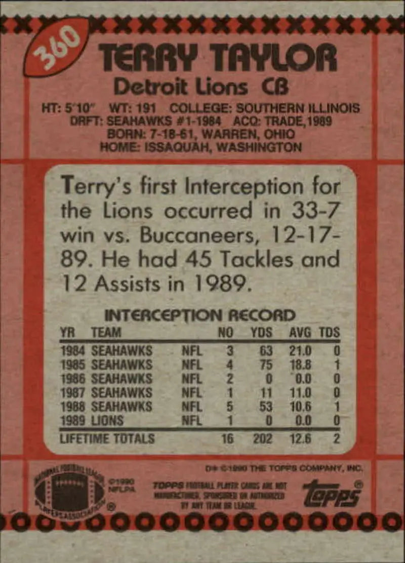1990 Topps #360 Terry Taylor EX Excellent RC Rookie Detroit Lions Football Card - Football Card Single
