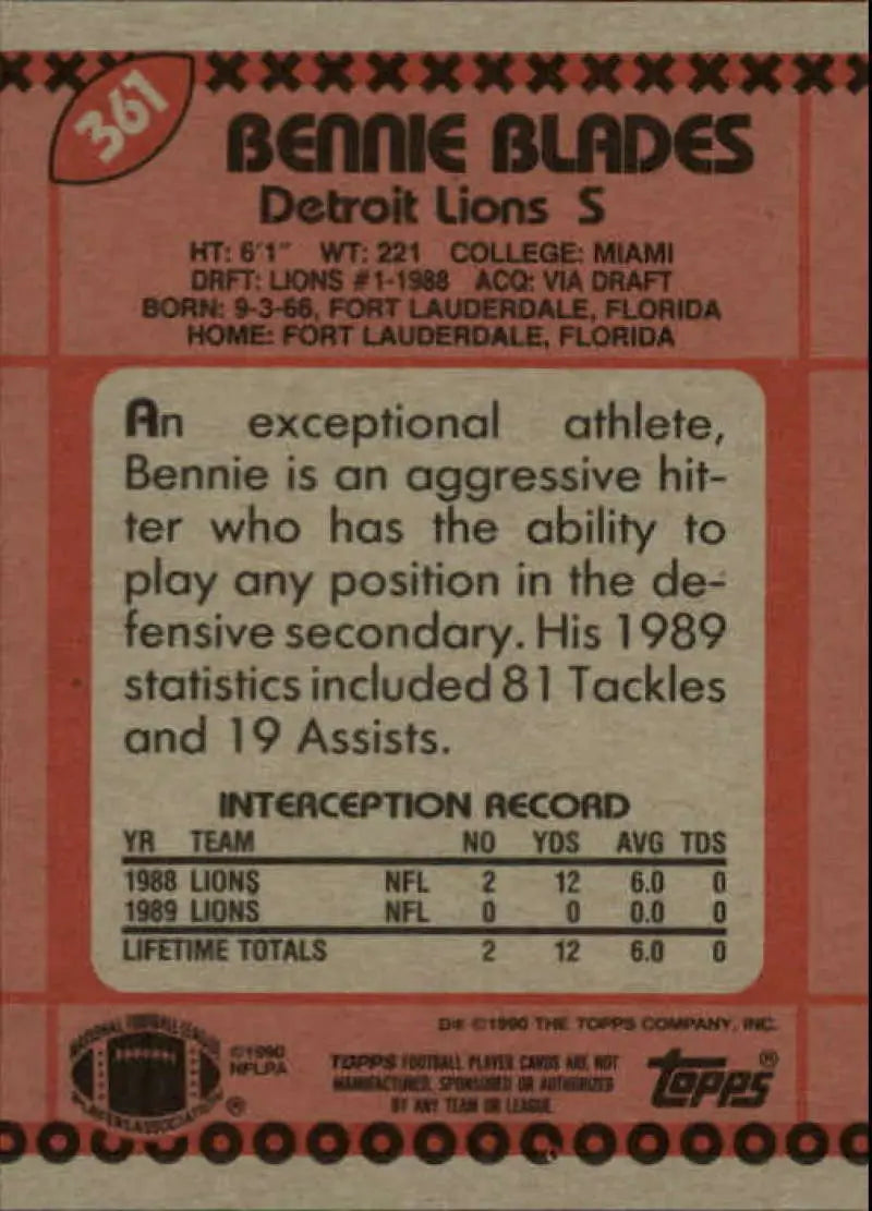 1990 Topps #361 Bennie Blades EX Excellent Detroit Lions Football Card - Football Card Single