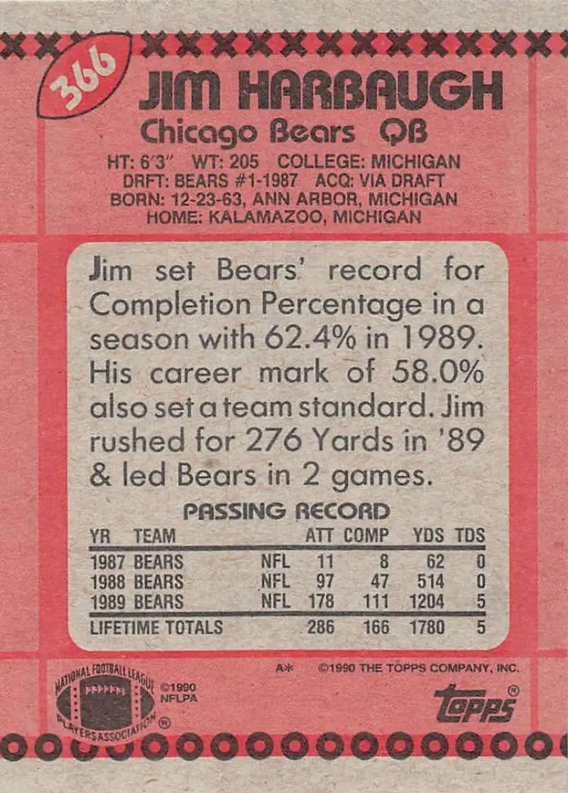 1990 Topps #366 Jim Harbaugh EX Excellent Chicago Bears Football Card - Football Card Single