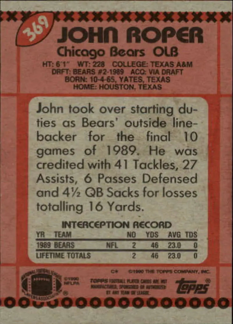 1990 Topps #369 John Roper EX Excellent Chicago Bears Football Card - Football Card Single