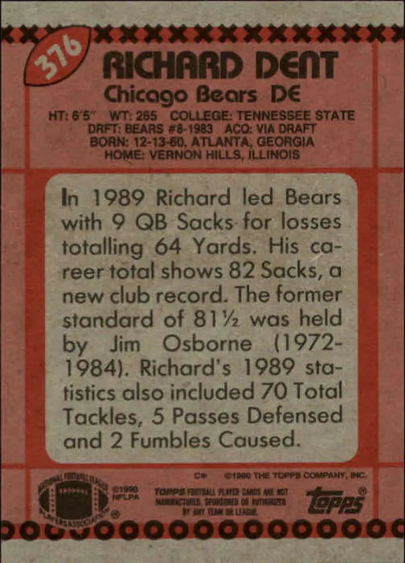 1990 Topps #376 Richard Dent EX Excellent Chicago Bears Football Card - Football Card Single