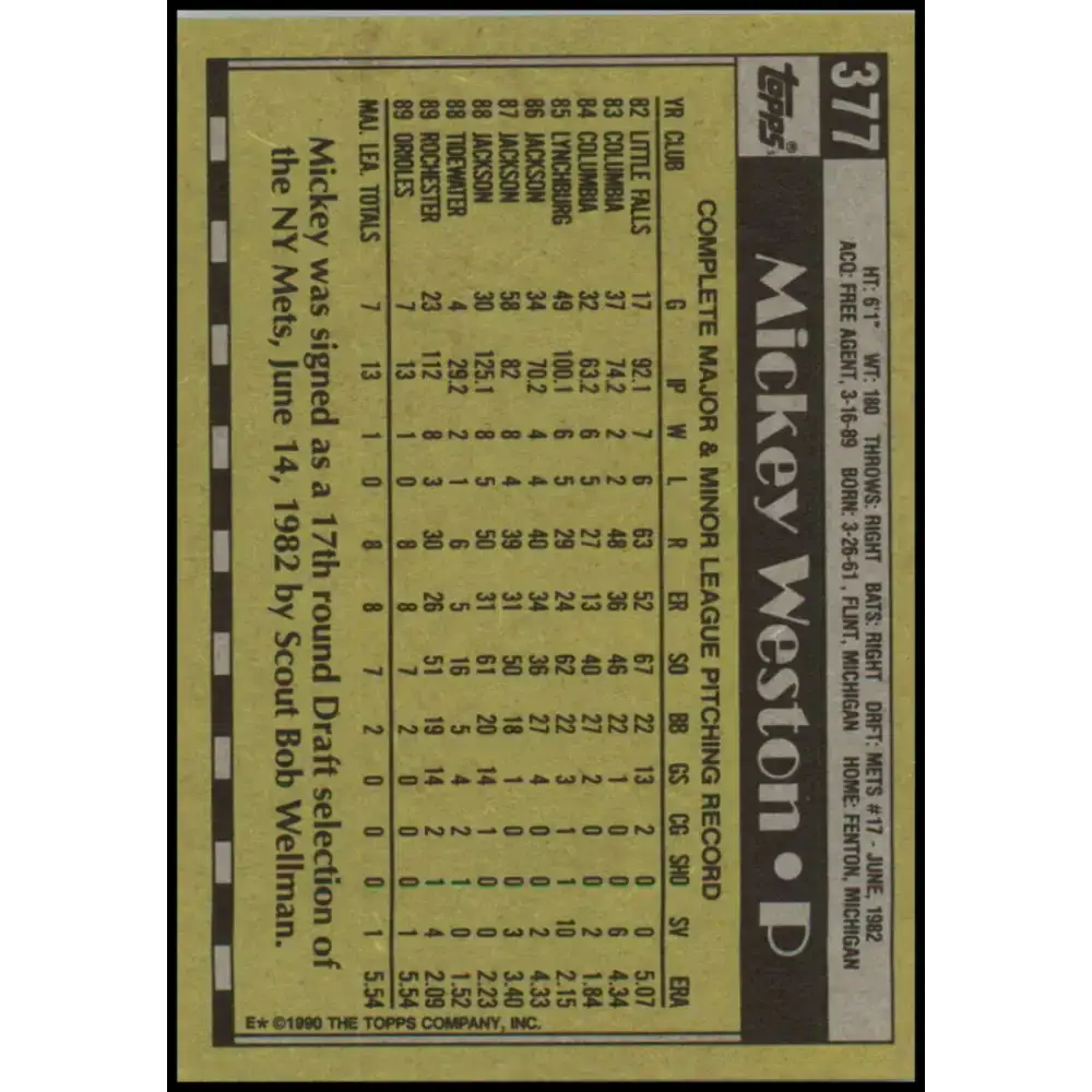 1990 Topps #377 Mickey Weston NM-MT RC Rookie Baltimore Orioles Baseball Card - Baseball Card Single