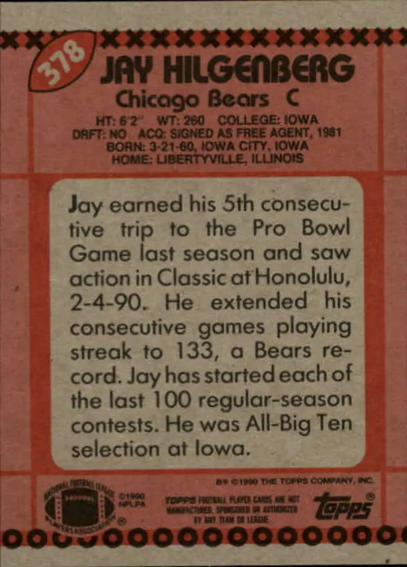 1990 Topps #378 Jay Hilgenberg EX Excellent Chicago Bears Football Card - Football Card Single