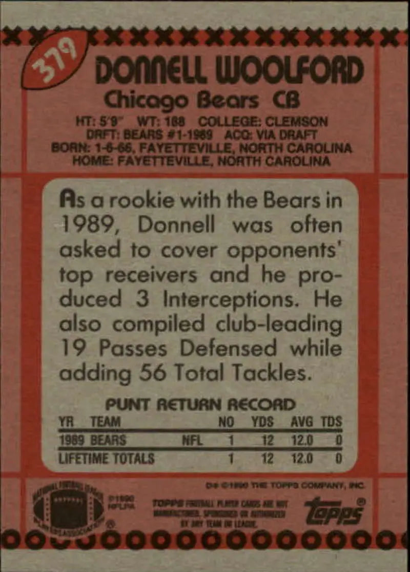 1990 Topps #379 Donnell Woolford EX Excellent Chicago Bears Football Card - Football Card Single