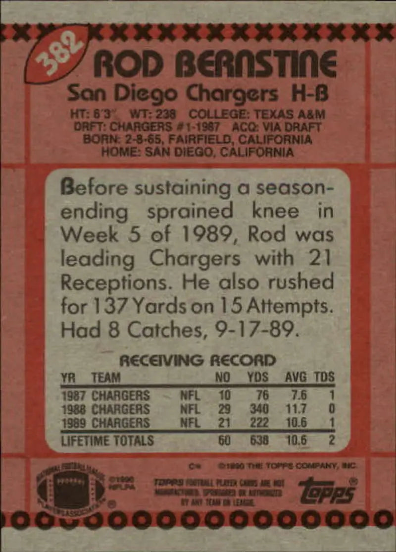 1990 Topps #382 Rod Bernstine EX Excellent San Diego Chargers Football Card - Football Card Single