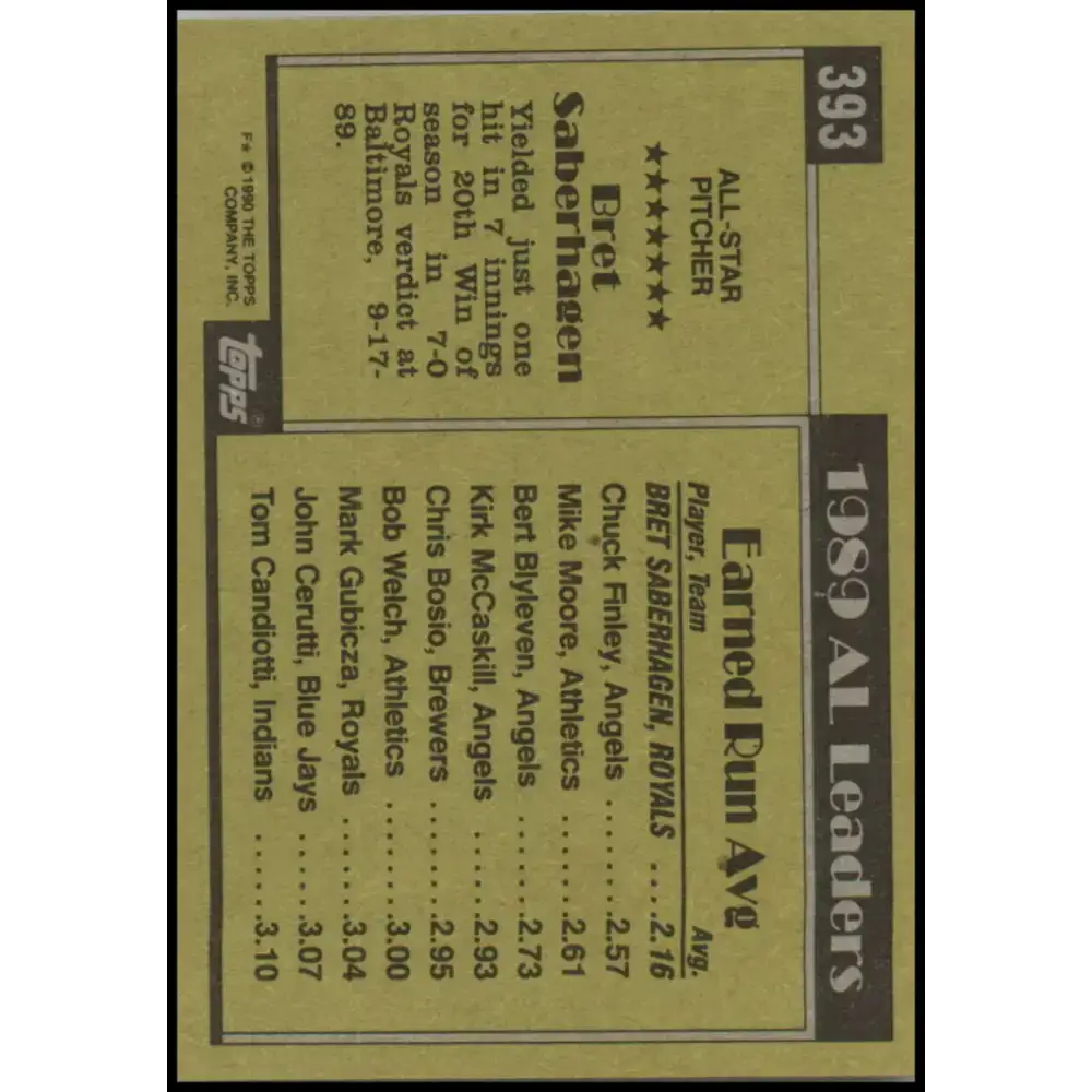 1990 Topps #393 Bret Saberhagen AS NM-MT Kansas City Royals Baseball Card - Baseball Card Single
