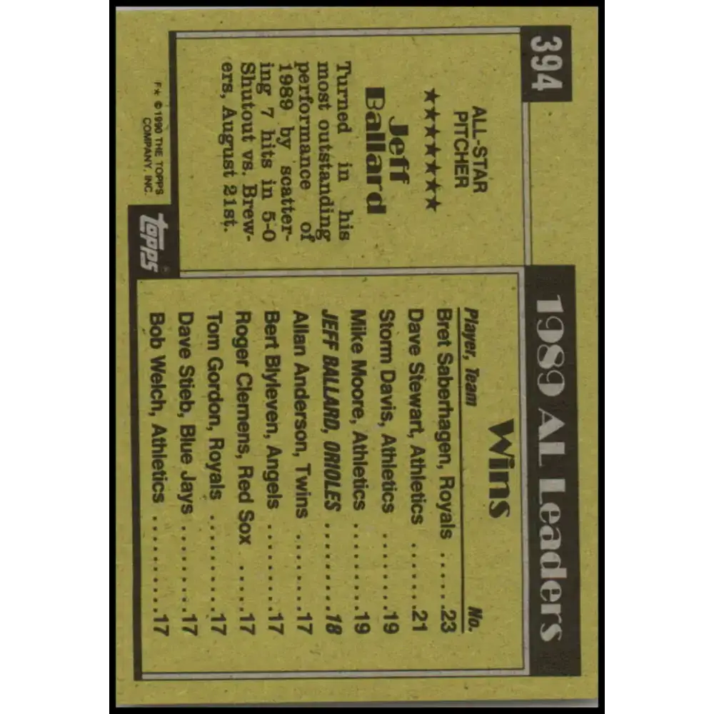 1990 Topps #394 Jeff Ballard AS NM-MT Baltimore Orioles Baseball Card - Baseball Card Single