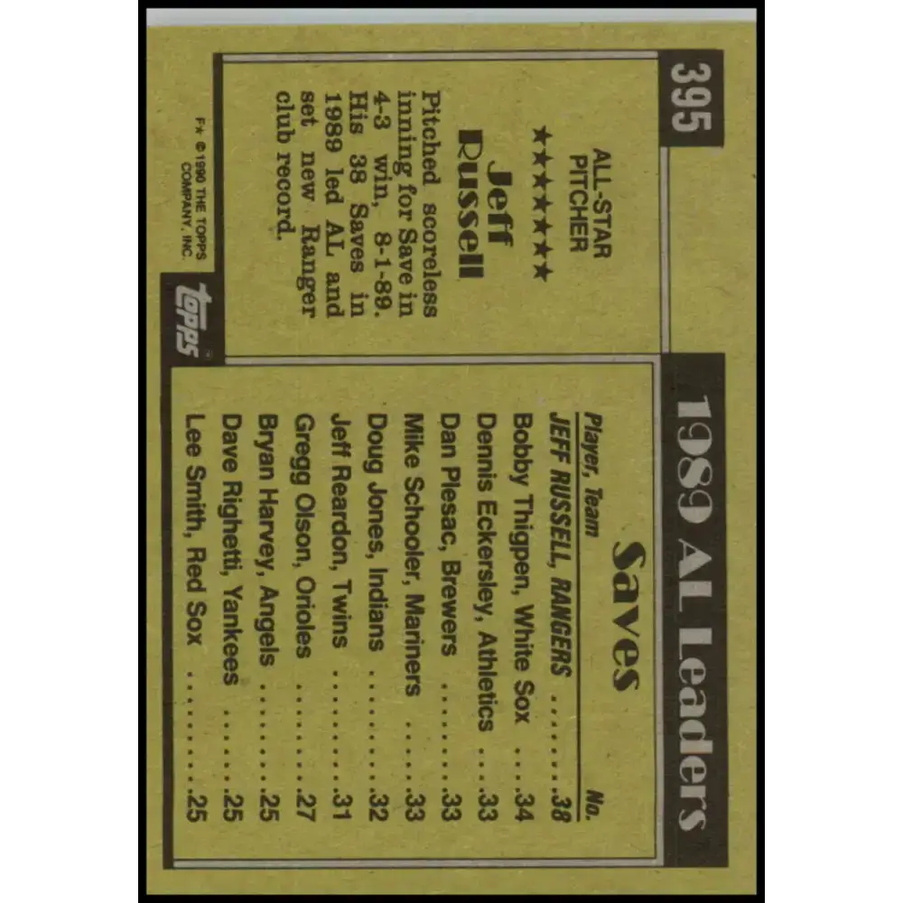 1990 Topps #395 Jeff Russell AS NM-MT Texas Rangers Baseball Card - Baseball Card Single