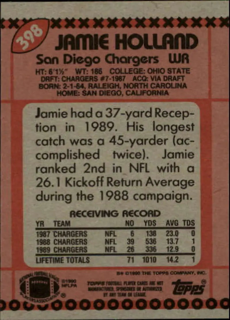 1990 Topps #398 Jamie Holland EX Excellent Los Angeles Raiders Football Card - Football Card Single