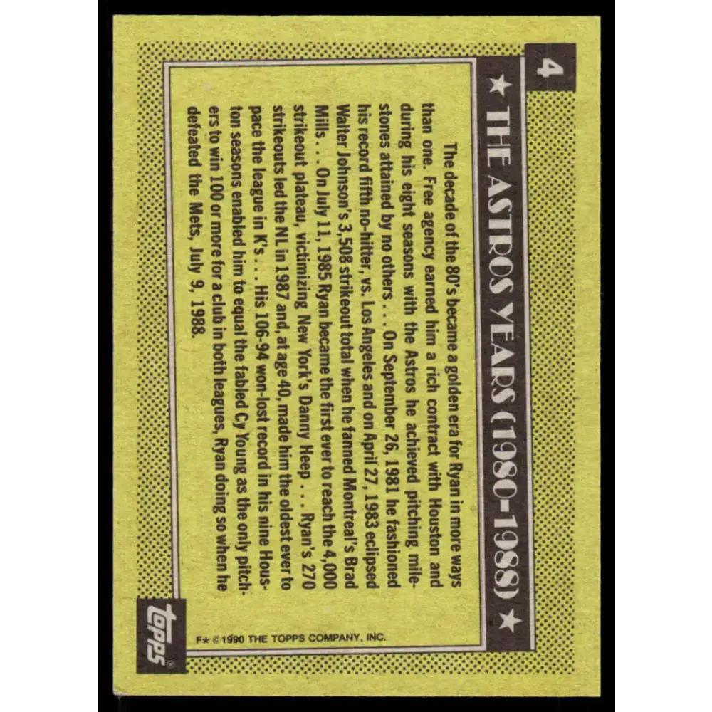 1990 Topps #4 Nolan Ryan EX/NM Houston Astros Baseball Card