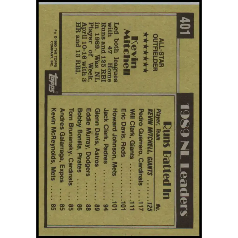 1990 Topps #401 Kevin Mitchell AS NM-MT San Francisco Giants Baseball Card - Baseball Card Single