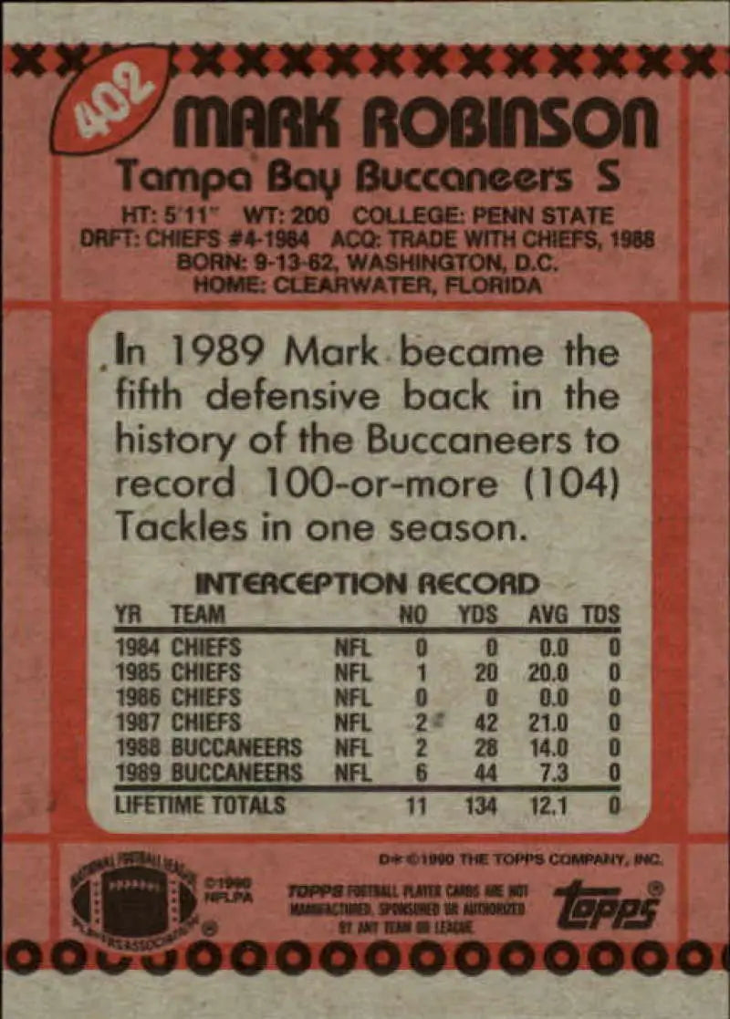 1990 Topps #402 Mark Robinson EX Excellent Tampa Bay Buccaneers Football Card - Football Card Single