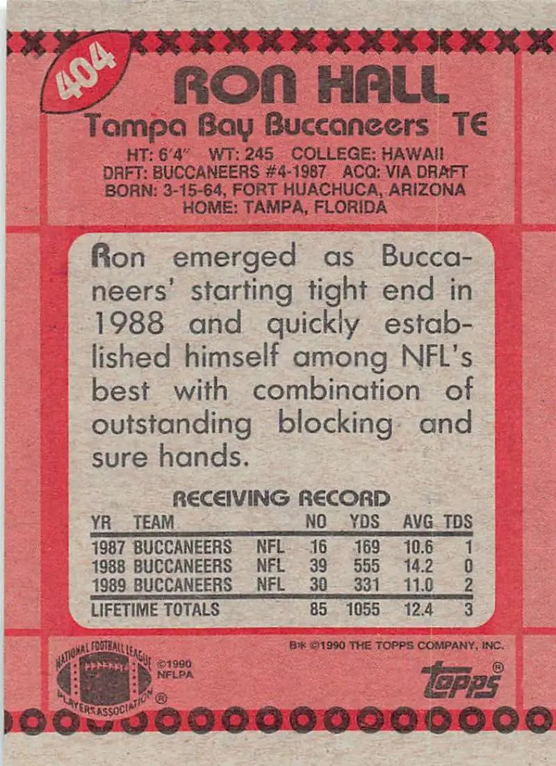 1990 Topps #404 Ron Hall EX Excellent Tampa Bay Buccaneers Football Card - Football Card Single