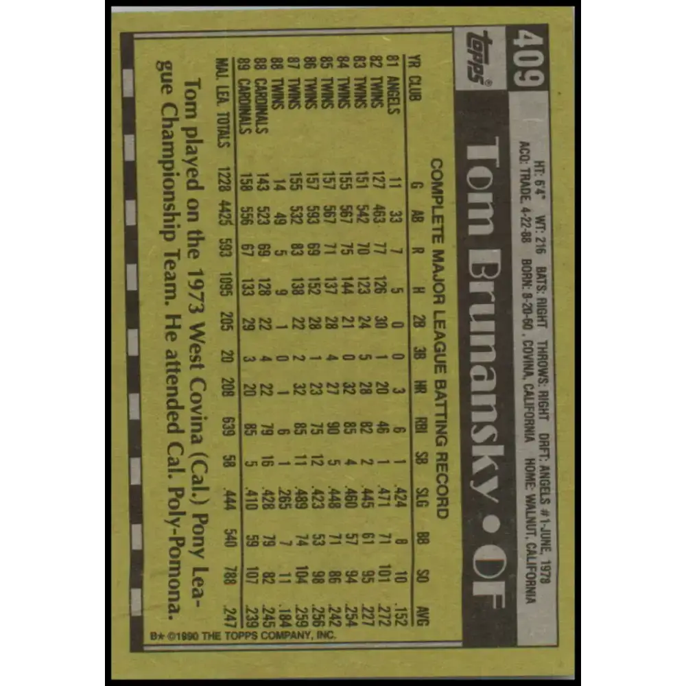 1990 Topps #409 Tom Brunansky NM-MT St. Louis Cardinals Baseball Card - Baseball Card Single
