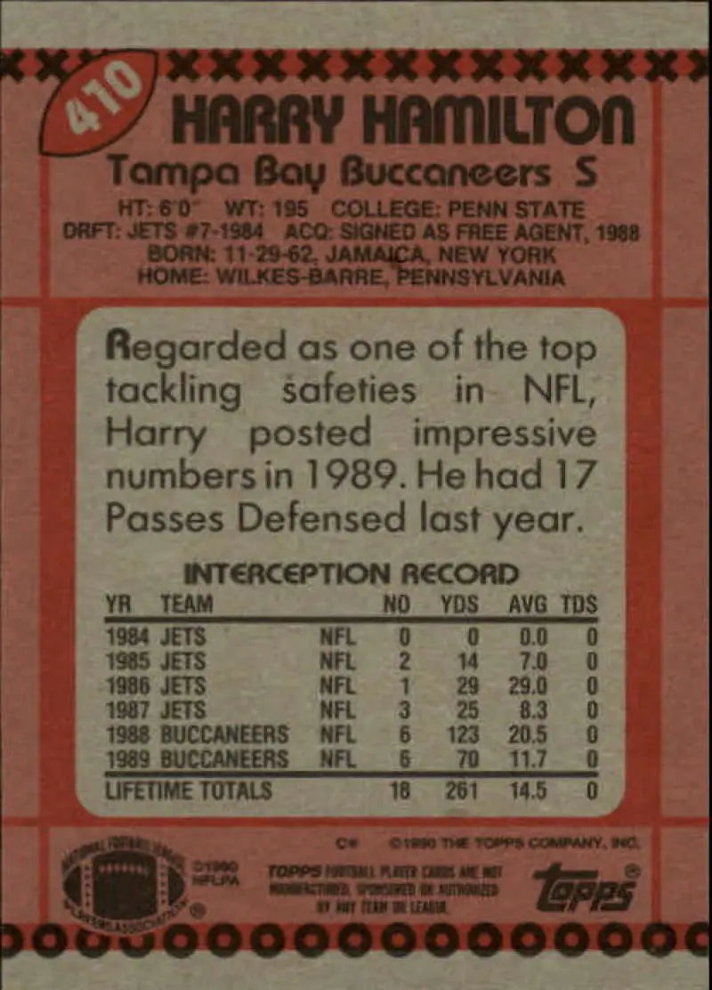 1990 Topps #410 Harry Hamilton EX Excellent Tampa Bay Buccaneers Football Card - Football Card Single