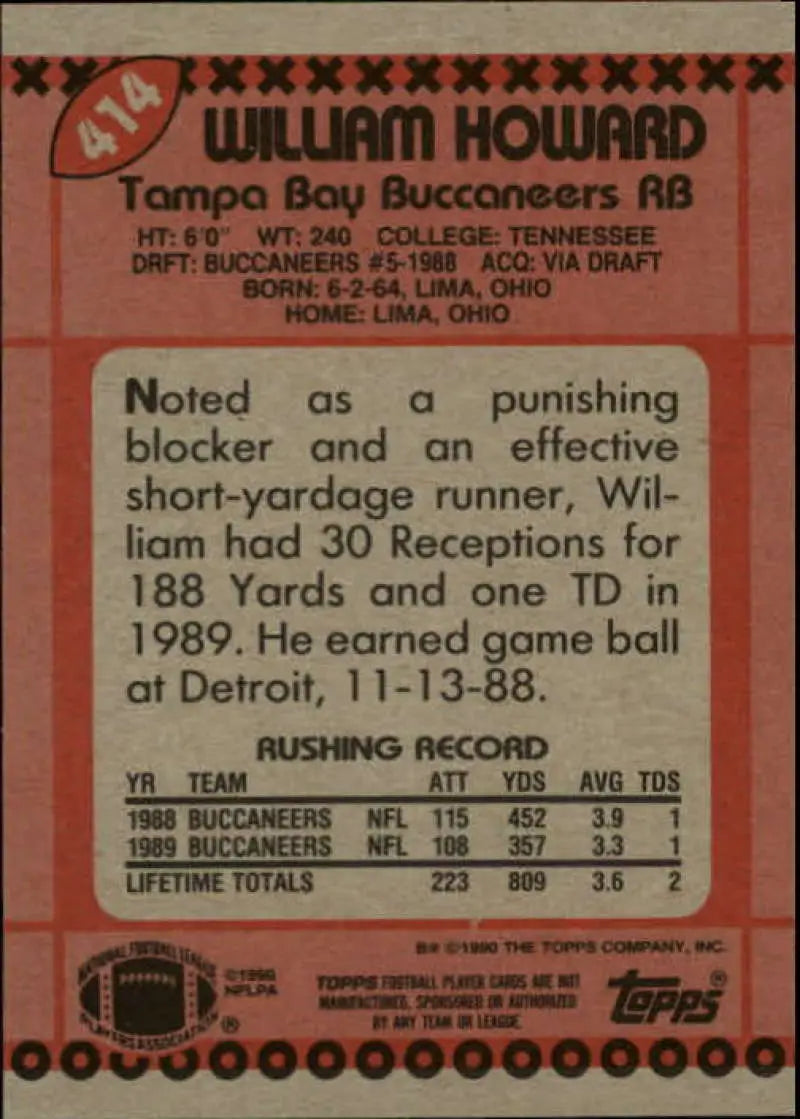 1990 Topps #414 William Howard EX Excellent RC Rookie Tampa Bay Buccaneers Football Card - Football Card Single
