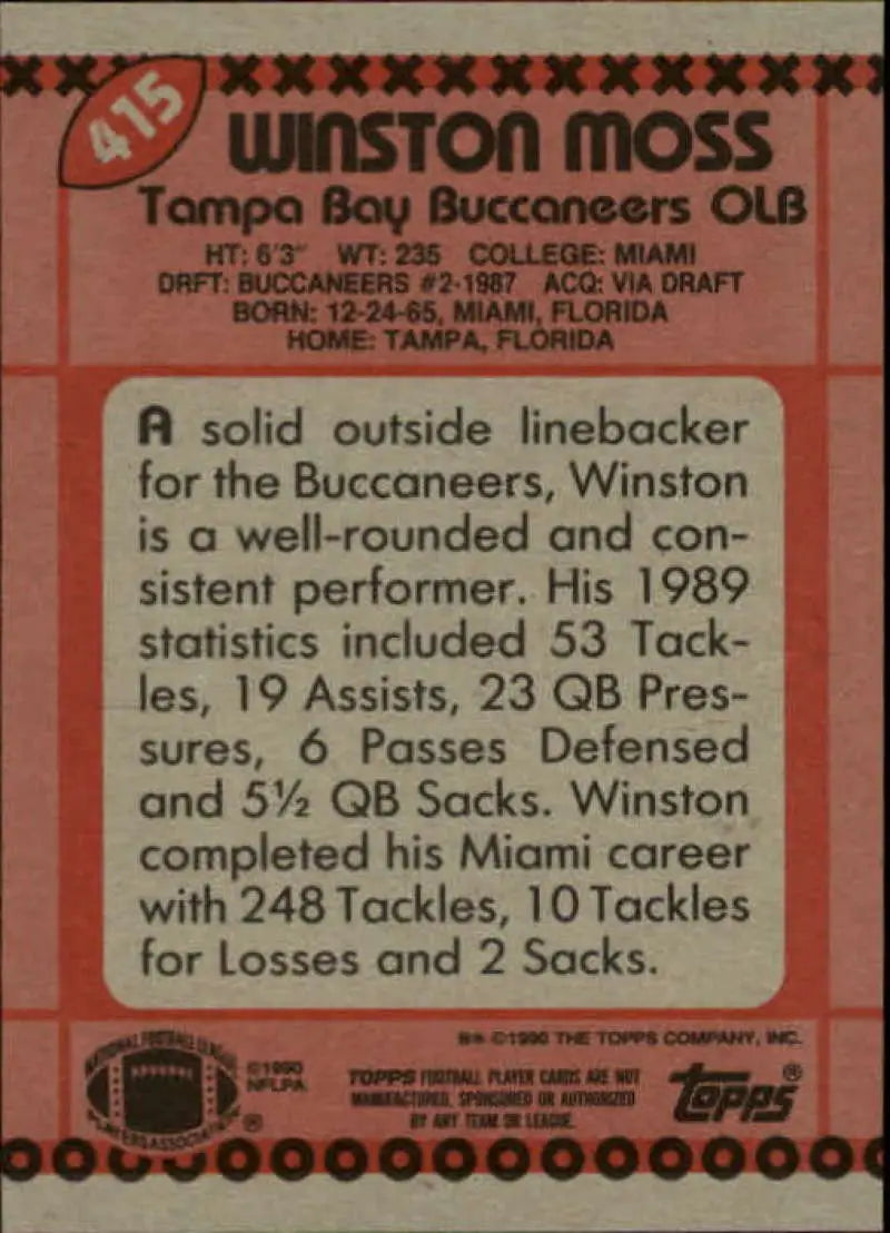 1990 Topps #415 Winston Moss EX Excellent RC Rookie Tampa Bay Buccaneers Football Card - Football Card Single