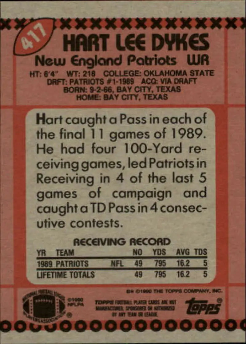 1990 Topps #417 Hart Lee Dykes EX Excellent New England Patriots Football Card - Football Card Single