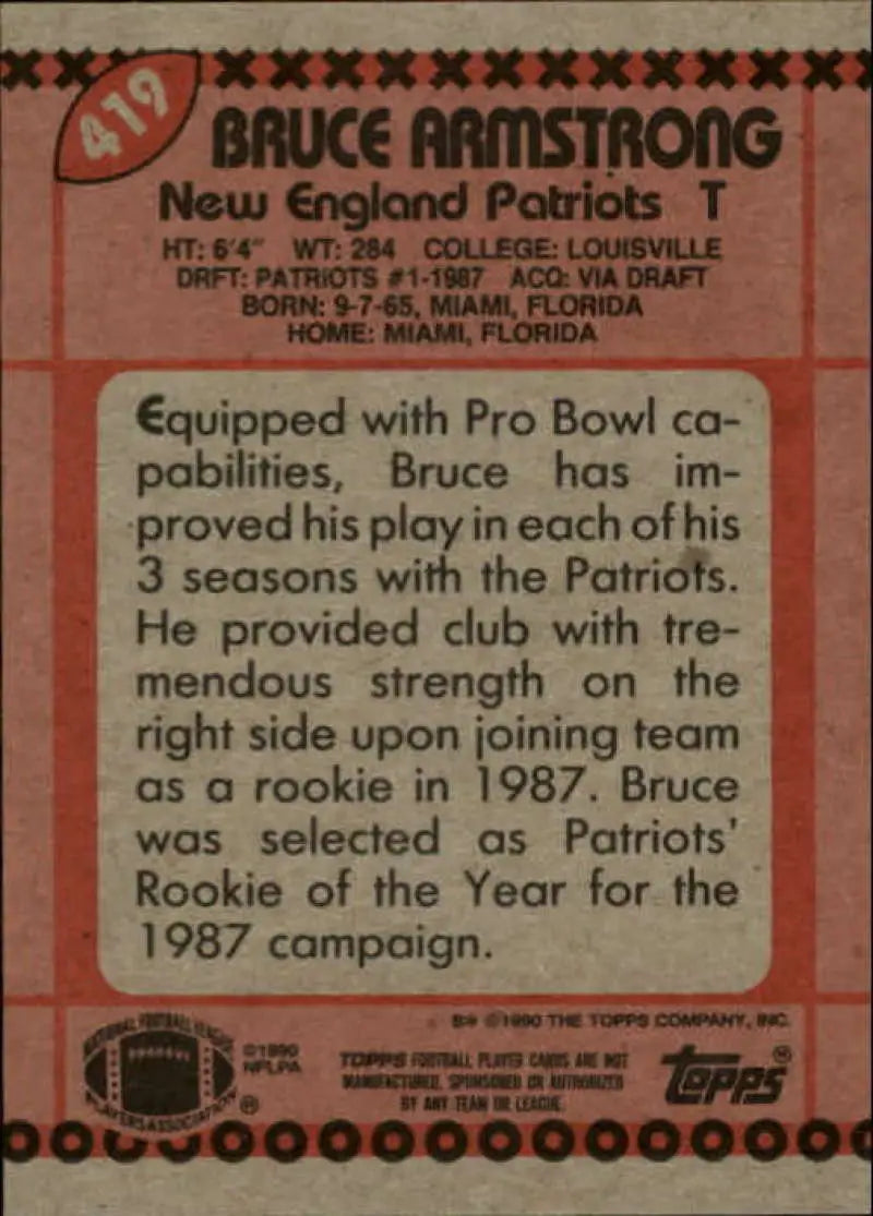 1990 Topps #419 Bruce Armstrong EX Excellent New England Patriots Football Card - Football Card Single