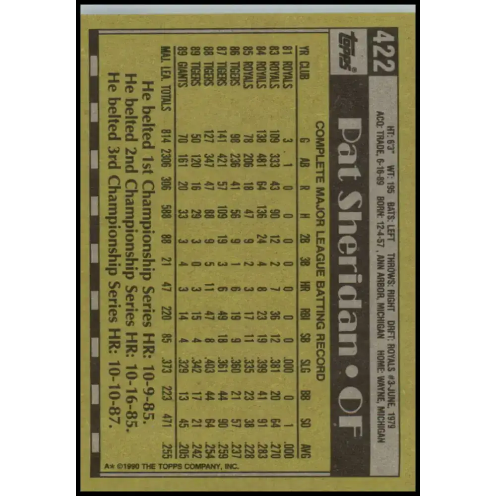 1990 Topps #422 Pat Sheridan NM-MT San Francisco Giants Baseball Card - Baseball Card Single