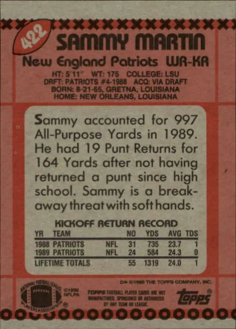 1990 Topps #422 Sammy Martin EX Excellent New England Patriots Football Card - Football Card Single