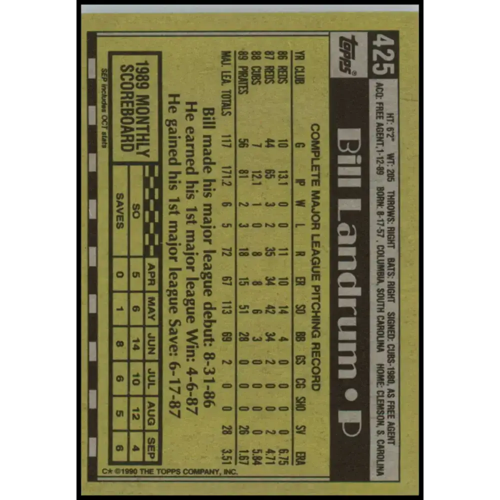 1990 Topps #425 Bill Landrum NM-MT Pittsburgh Pirates Baseball Card - Baseball Card Single
