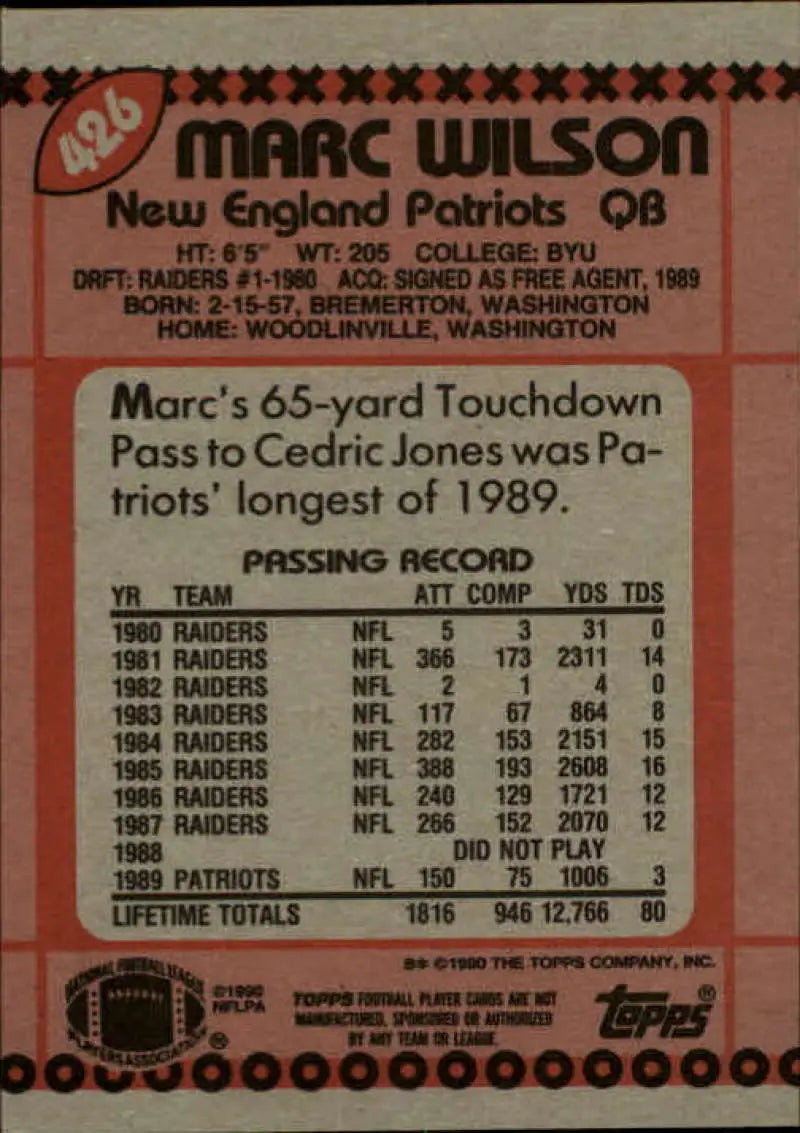 1990 Topps #426 Marc Wilson EX Excellent New England Patriots Football Card - Football Card Single