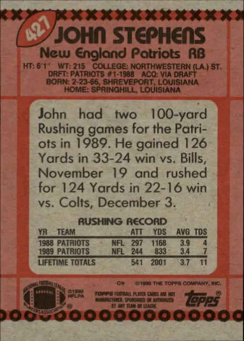 1990 Topps #427 John Stephens EX Excellent New England Patriots Football Card - Football Card Single