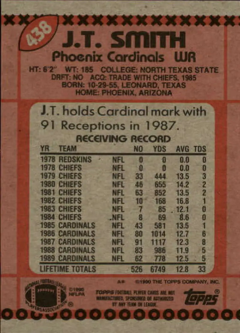 1990 Topps #438 J.T. Smith EX Excellent Phoenix Cardinals Football Card - Football Card Single