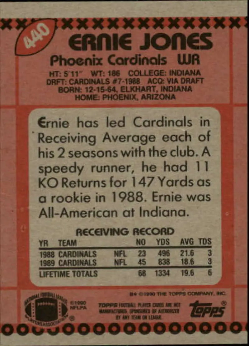 1990 Topps #440 Ernie Jones EX Excellent RC Rookie Phoenix Cardinals Football Card