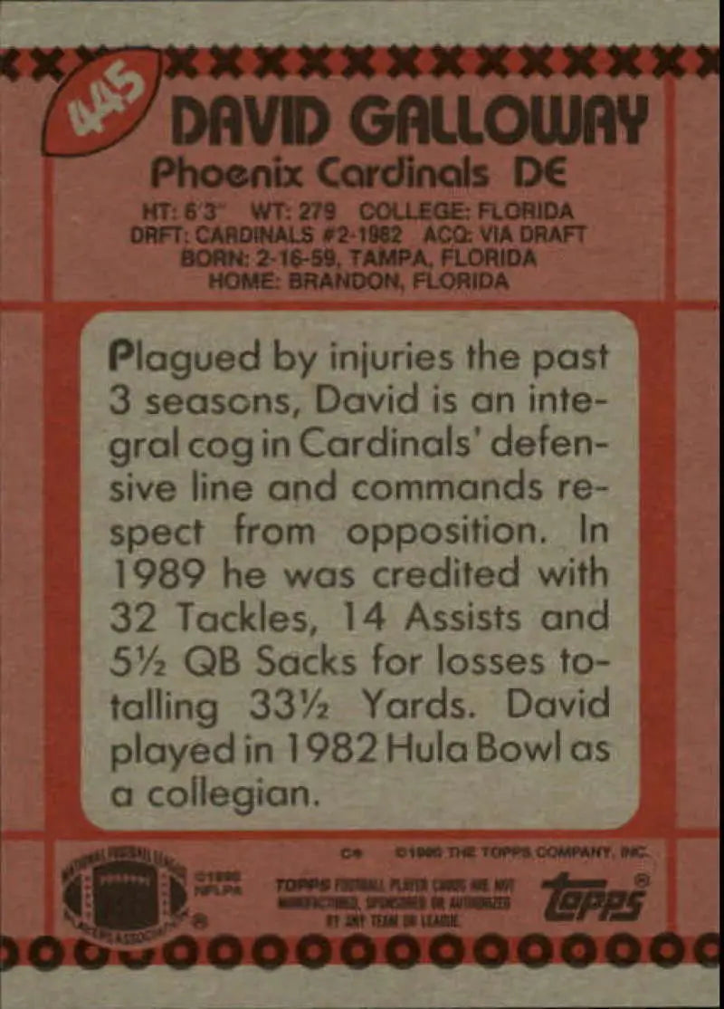 1990 Topps #445 David Galloway EX Excellent Phoenix Cardinals Football Card - Football Card Single
