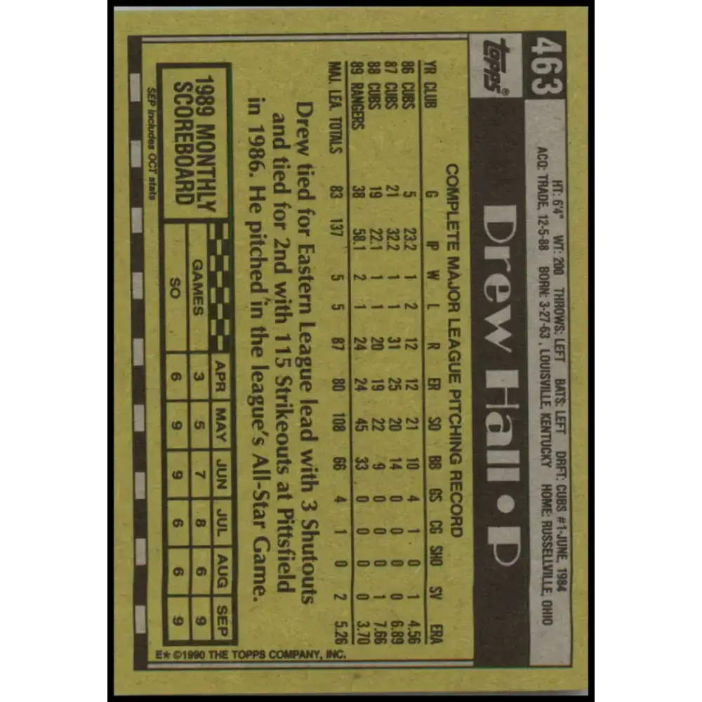 1990 Topps #463 Drew Hall NM-MT Texas Rangers Baseball Card - Baseball Card Single
