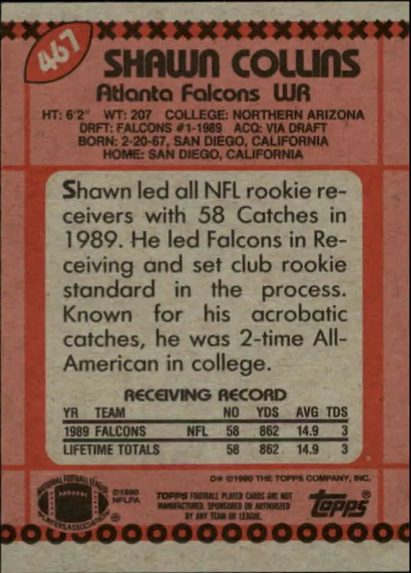 1990 Topps #467 Shawn Collins EX Excellent Atlanta Falcons Football Card