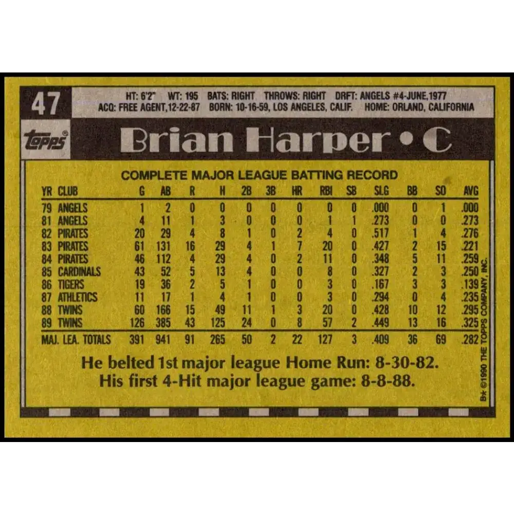 1990 Topps #47 Brian Harper NM-MT Minnesota Twins Baseball Card - Baseball Card Single