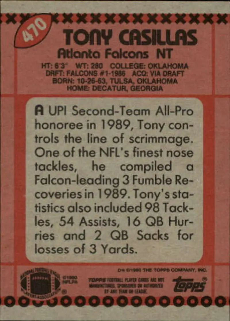 1990 Topps #470 Tony Casillas EX Excellent Atlanta Falcons Football Card