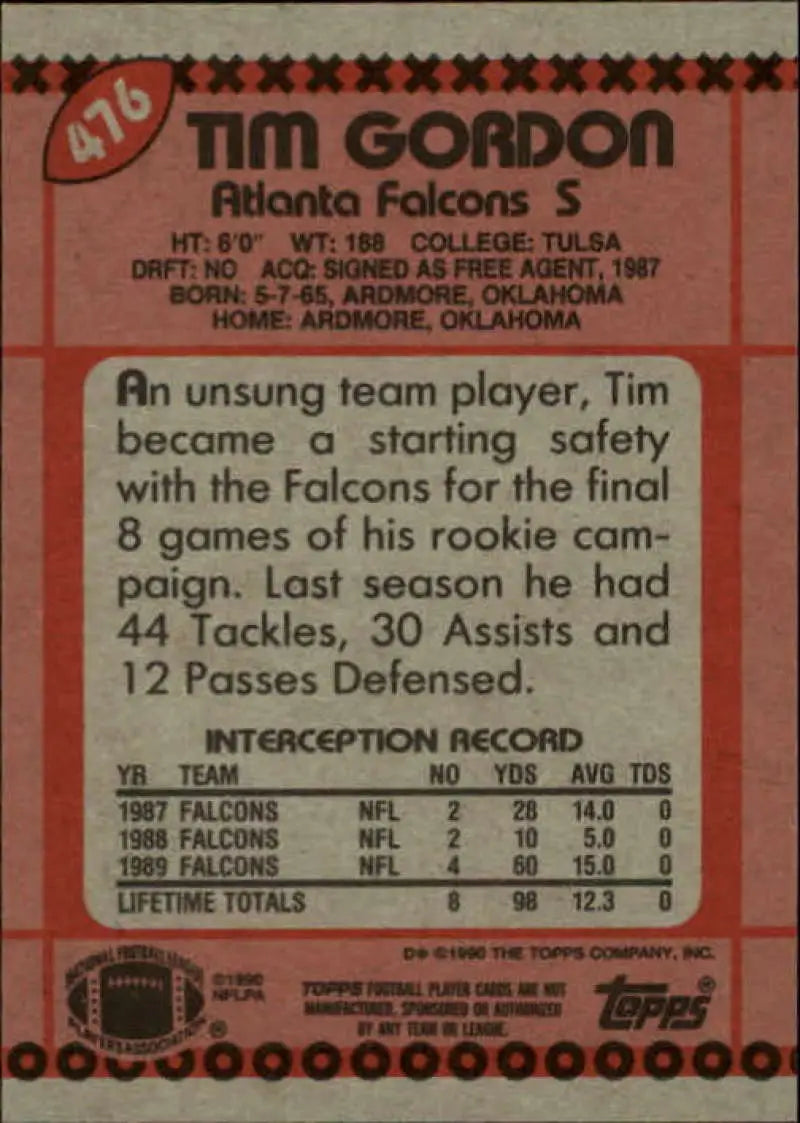 1990 Topps #476 Tim Gordon EX Excellent RC Rookie Atlanta Falcons Football Card - Football Card Single
