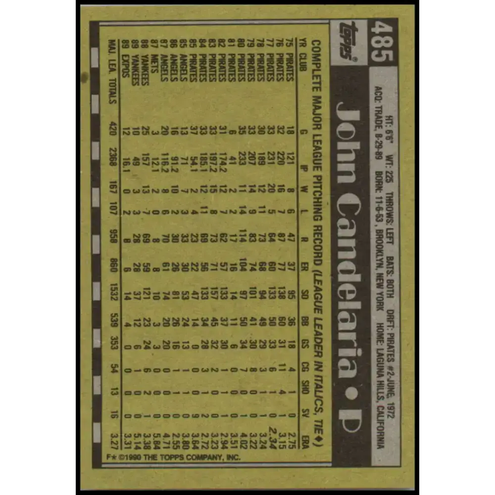 1990 Topps #485 John Candelaria NM-MT Montreal Expos Baseball Card - Baseball Card Single