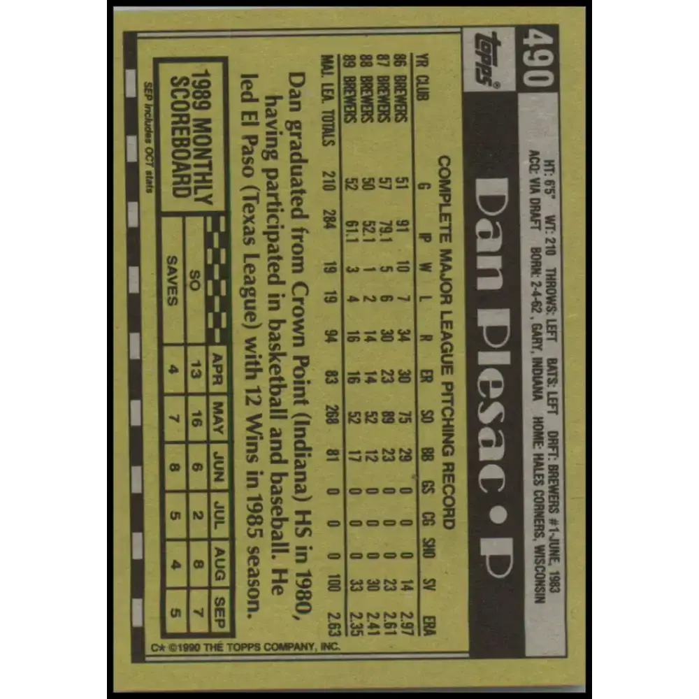 1990 Topps #490 Dan Plesac NM-MT Milwaukee Brewers Baseball Card - Baseball Card Single