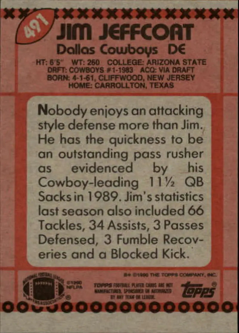 1990 Topps #491 Jim Jeffcoat EX Excellent Dallas Cowboys Football Card - Football Card Single