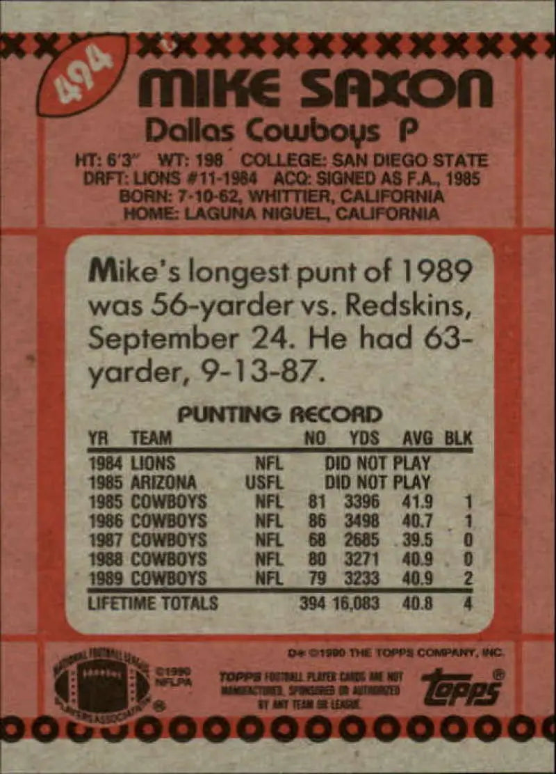 1990 Topps #494 Mike Saxon EX Excellent Dallas Cowboys Football Card - Football Card Single