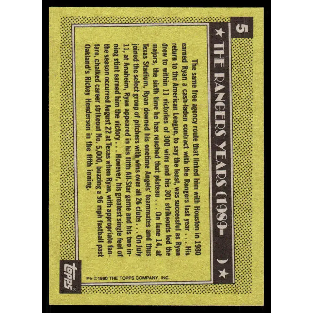 1990 Topps #5 Nolan Ryan EX/NM Texas Rangers Baseball Card